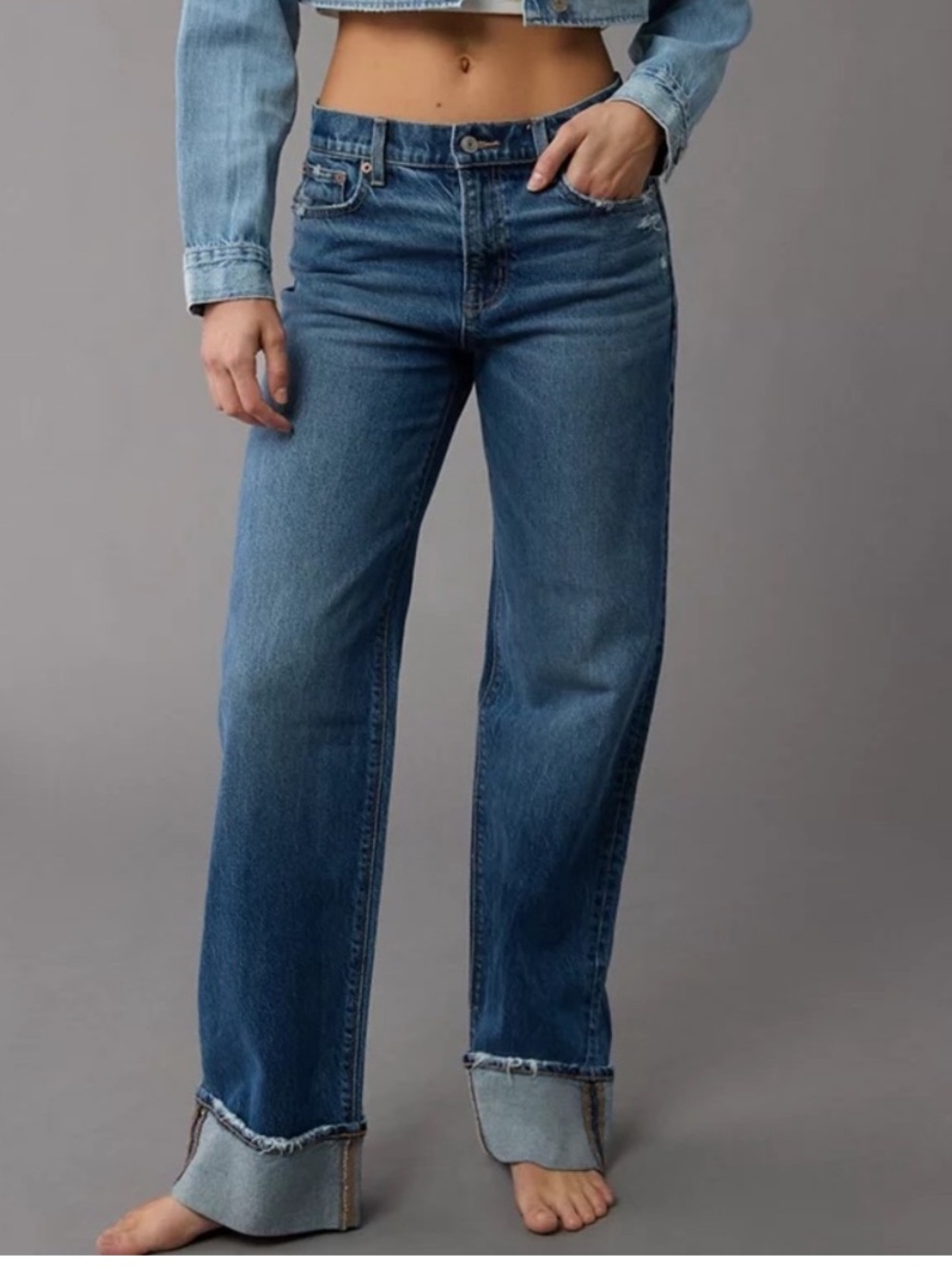 American Eagle Outfitters stretch Women's Dark Blue Wide Leg cuff jeans